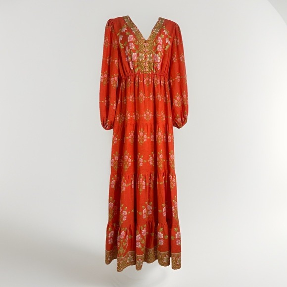 A Loves A Dresses & Skirts - Women's Sz: Large Linen Blend Orange Boho Cottage Floral Maxi Dress by A Loves A